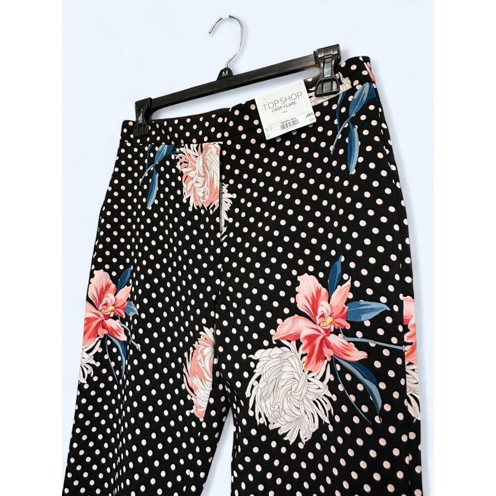 NWT Topshop Black Polka Dot Crop Flare Pants with Pink Floral Print 6 - Picture 3 of 7